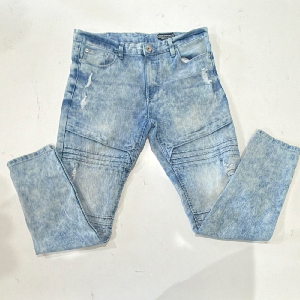 Southpole Skinny Acid Wash Light Blue Distressed Denim Jeans Button Zip